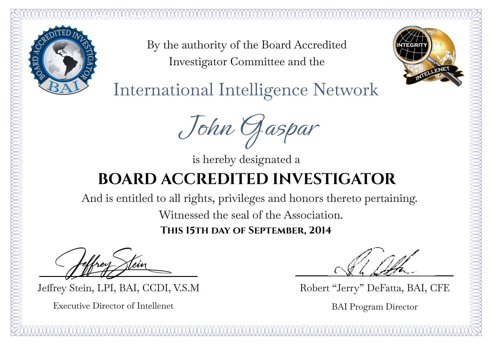 Celebrating John Gaspar's Board Accredited Investigator Certification